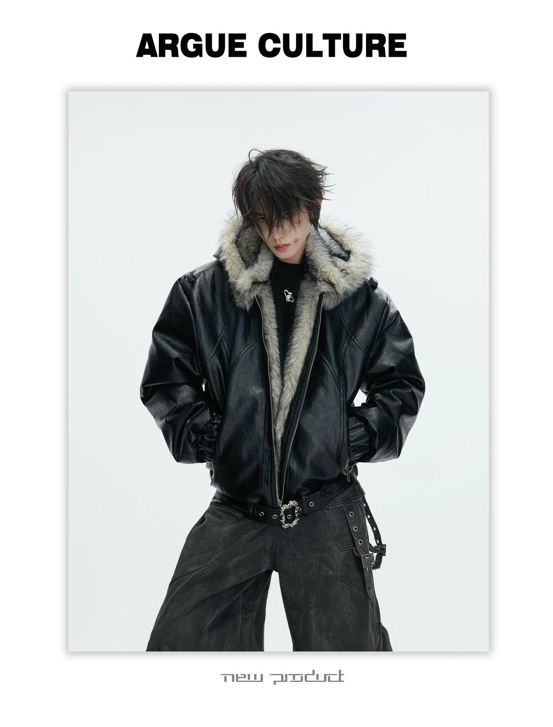 desc::heavyweight-faux-fur-hooded-leather-jacket-goth-streetwear-detail-img-1