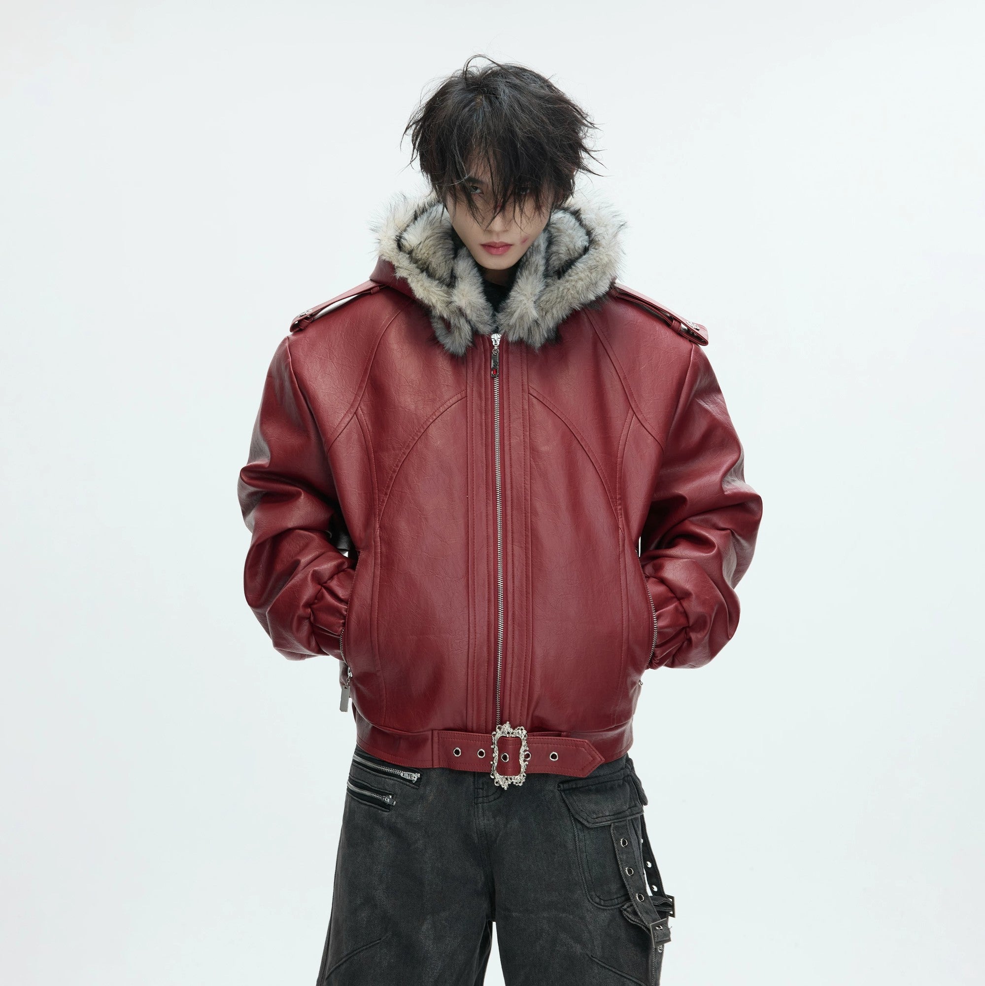 Back view of oversized gothic leather parka with hood