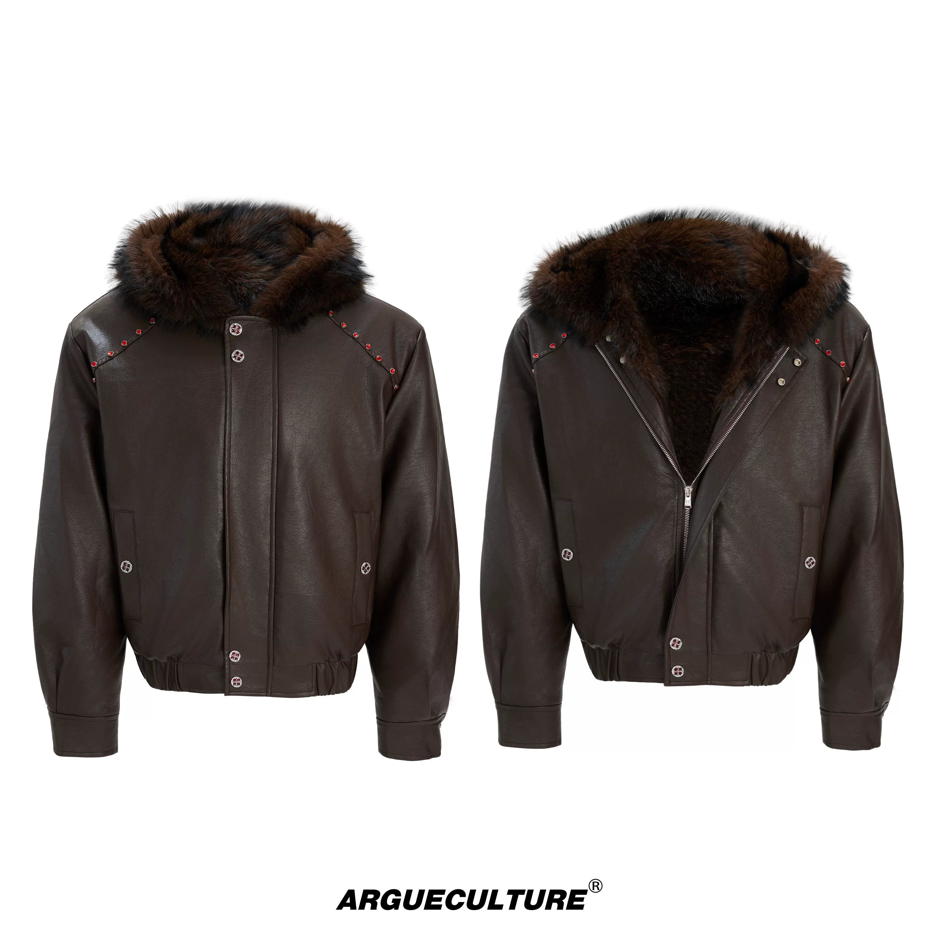 heavyweight-faux-fur-hooded-leather-jacket-goth-streetwear-red-top-detachable-hood