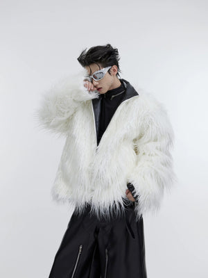Model wearing mist white wavy faux fur heavyweight jacket front view