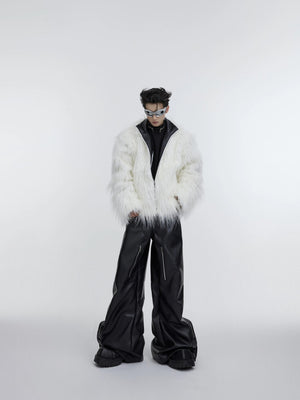 Detail of the lapel collar and zipper closure on the faux fur coat