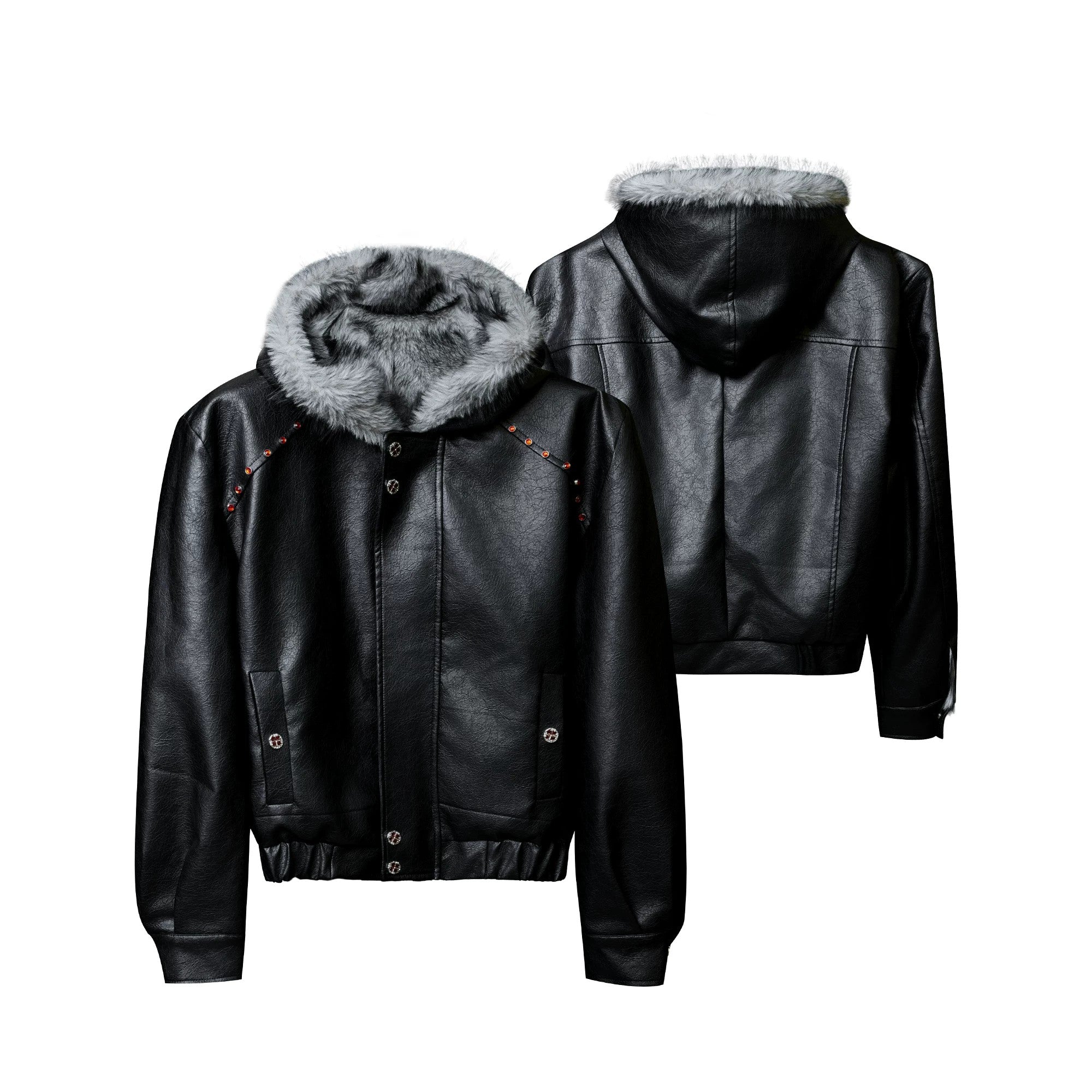 Black heavyweight faux leather jacket with fur hood front view