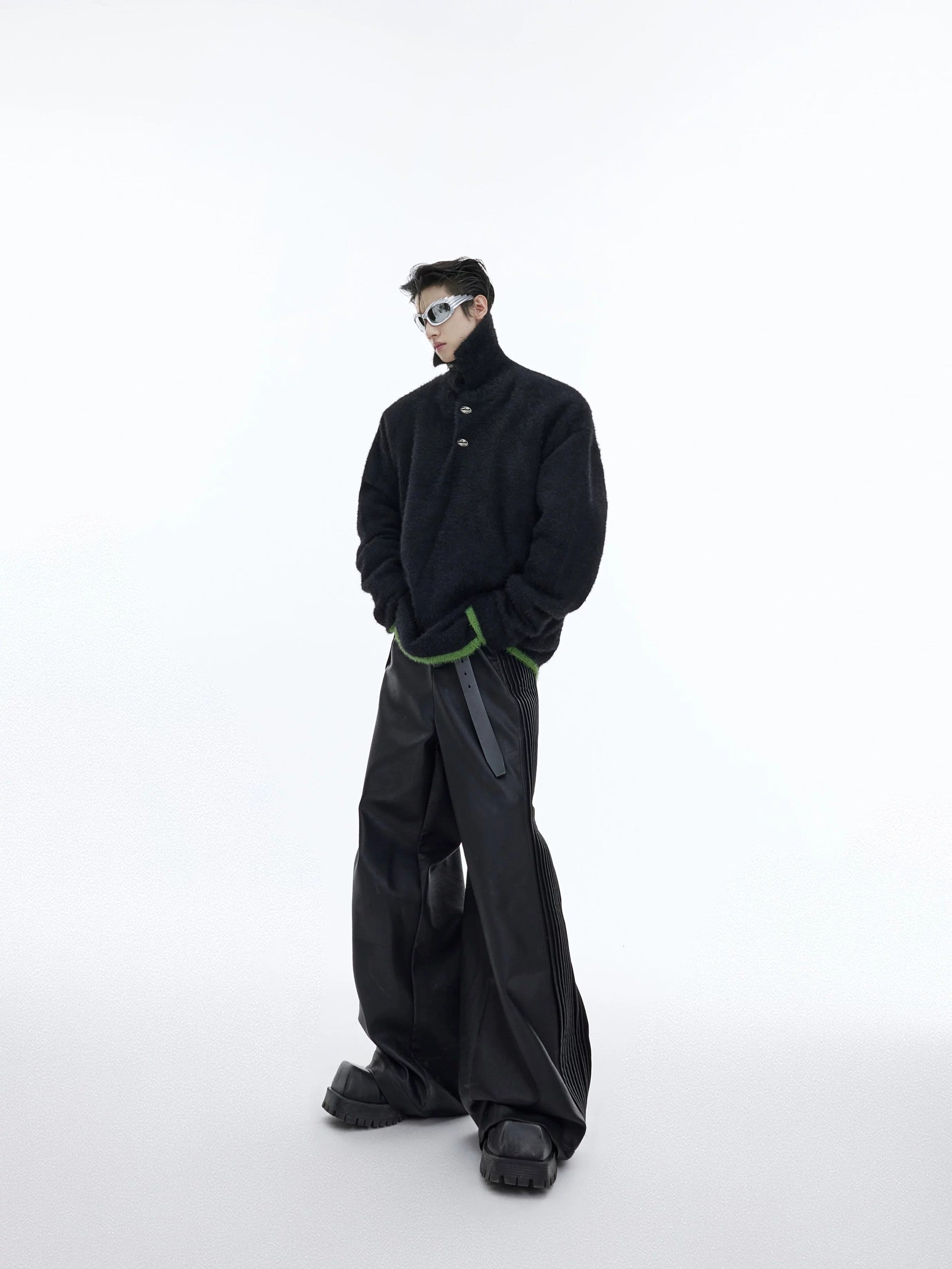 Black fuzzy loose fit knit sweater with polo collar back view