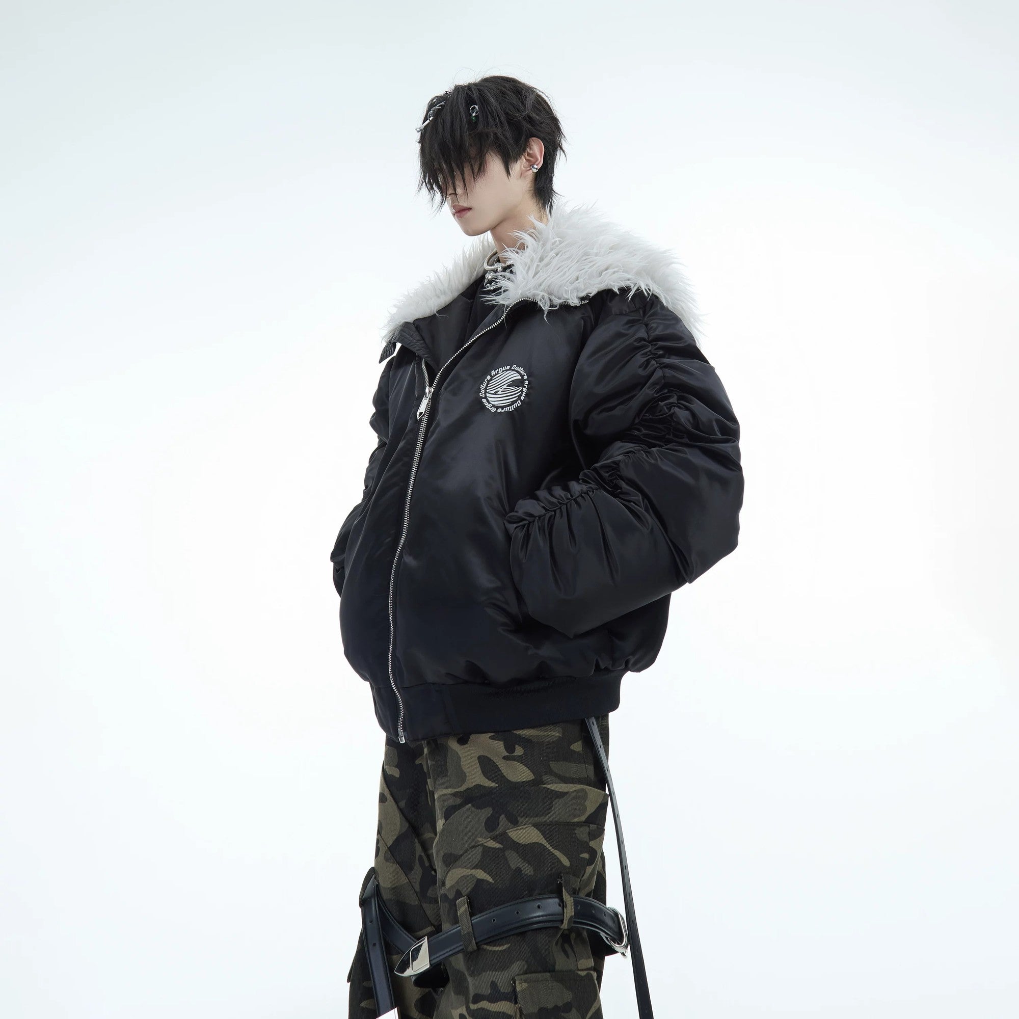 Front view of the heavyweight plush bomber jacket in black streetwear style