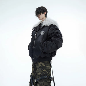 Front view of the heavyweight plush bomber jacket in black streetwear style