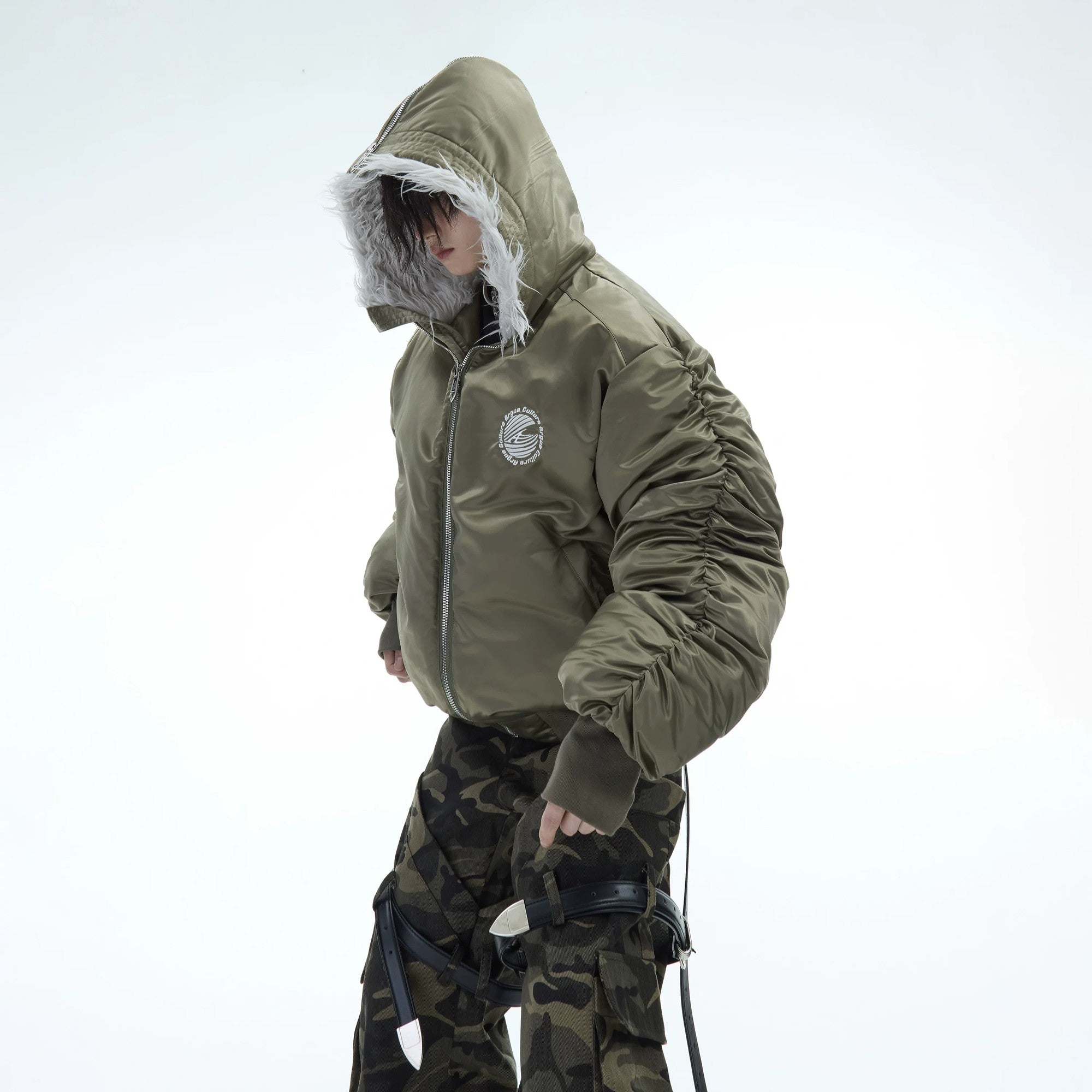 Close-up of the innovative split-zipper hood design on the plush jacket