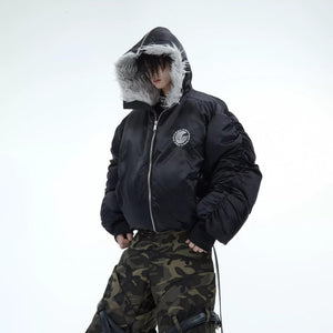 Three-dimensional gathered sleeve design on a streetwear bomber jacket