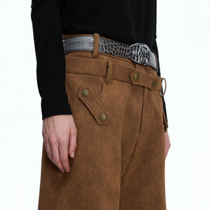 Heavyweight suede curved pants in black featuring detachable utility straps