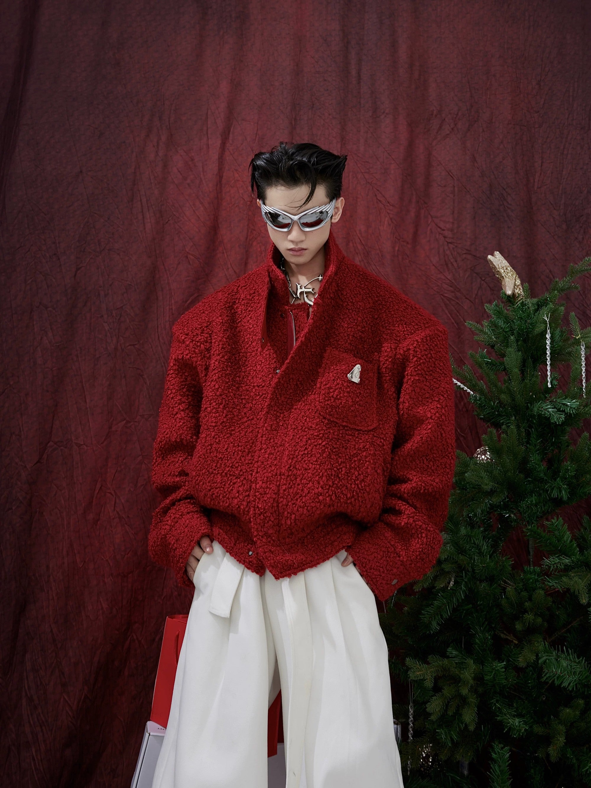 Men's heavyweight red textured wool jacket in boxy cropped fit