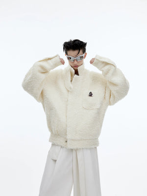 Side view of gray deconstructed woolen jacket with metal details