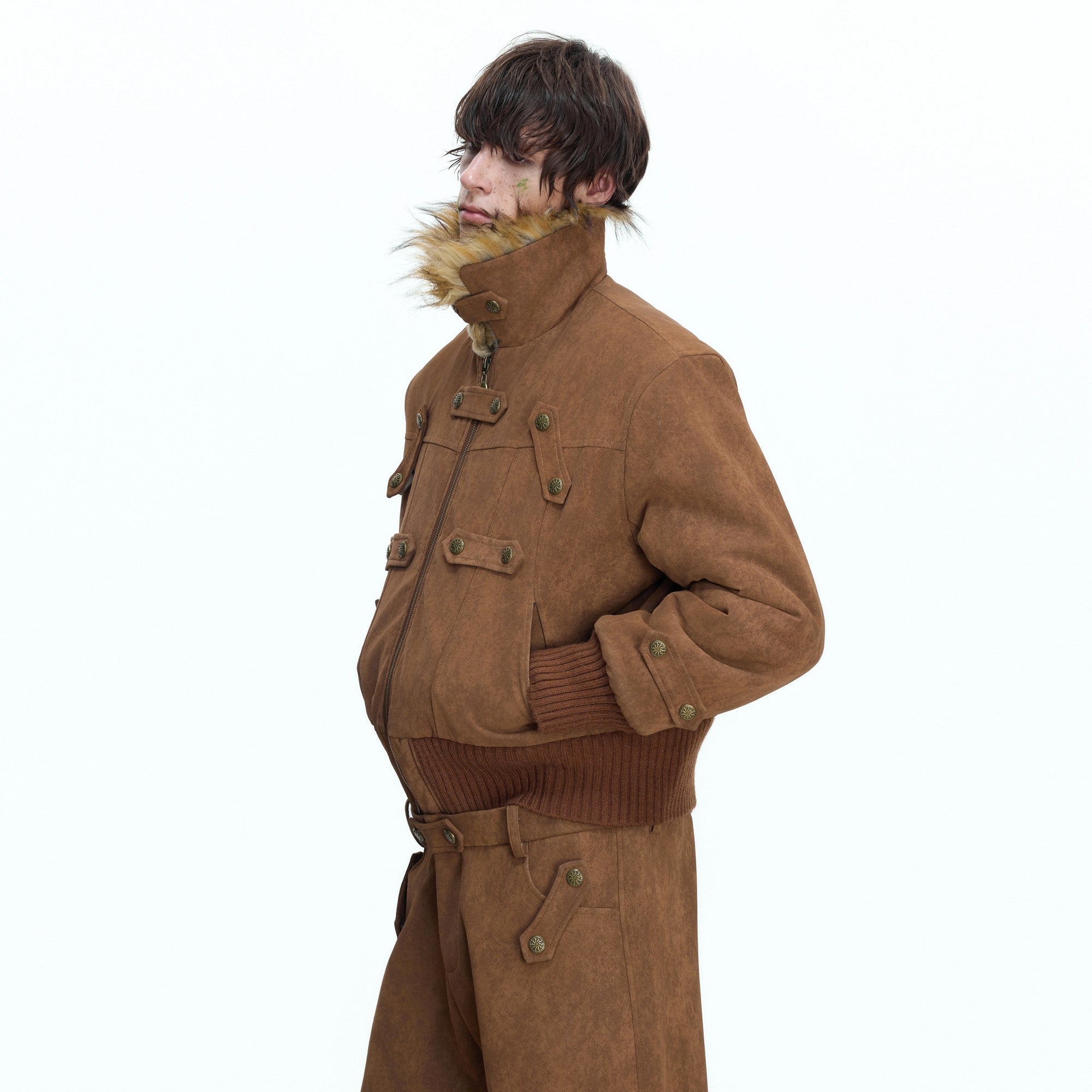 Back view of the loose fit cropped suede bomber jacket.