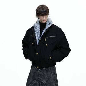 Men's vintage khaki washed canvas workwear jacket with faux fur collar