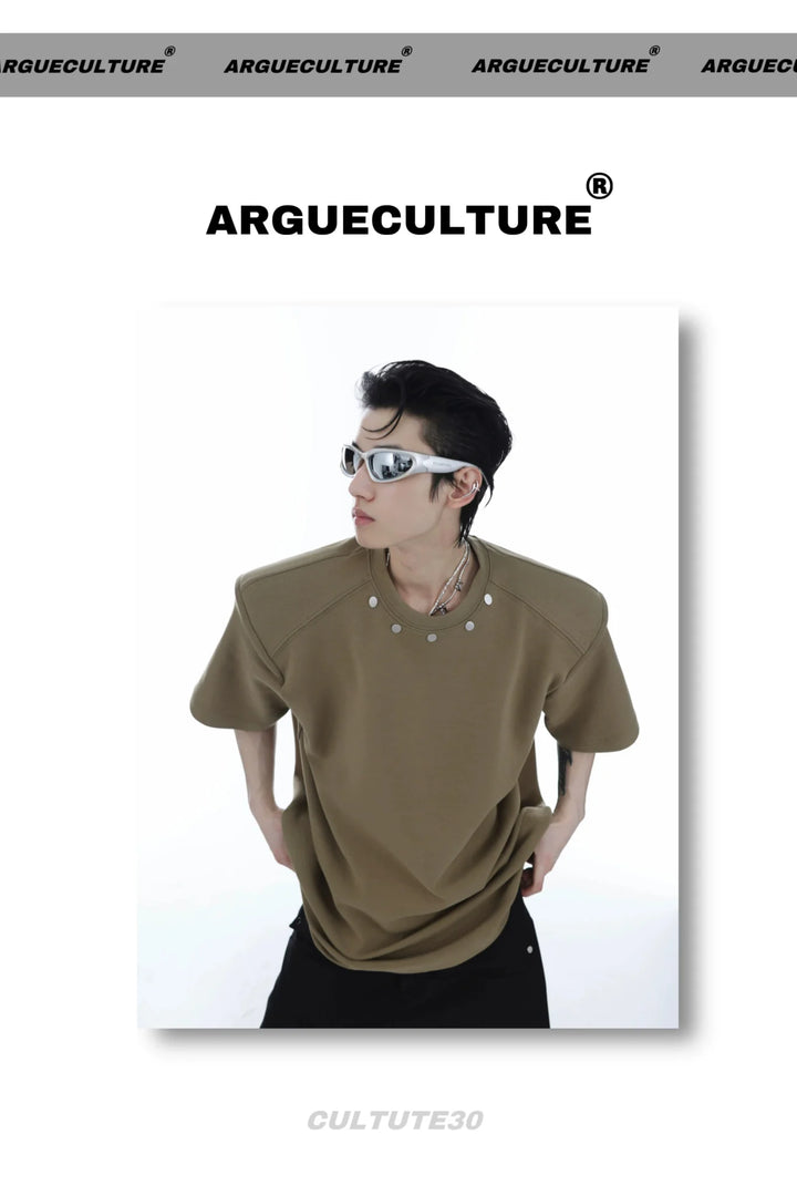 High End Loose Short - Sleeve T - Shirt with Metal Button & Shoulder Pads - ArguE CulturE