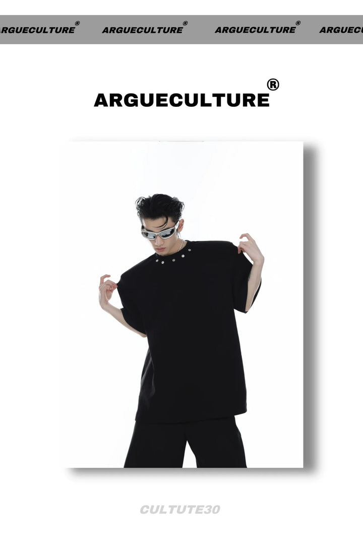 High End Loose Short - Sleeve T - Shirt with Metal Button & Shoulder Pads - ArguE CulturE