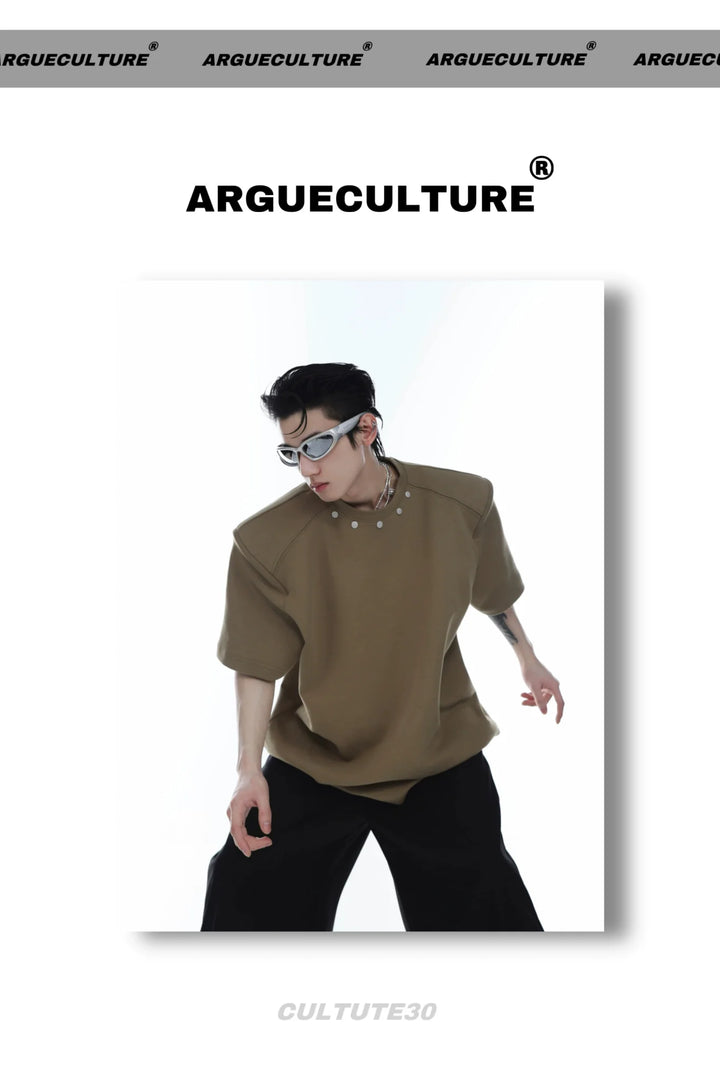 High End Loose Short - Sleeve T - Shirt with Metal Button & Shoulder Pads - ArguE CulturE