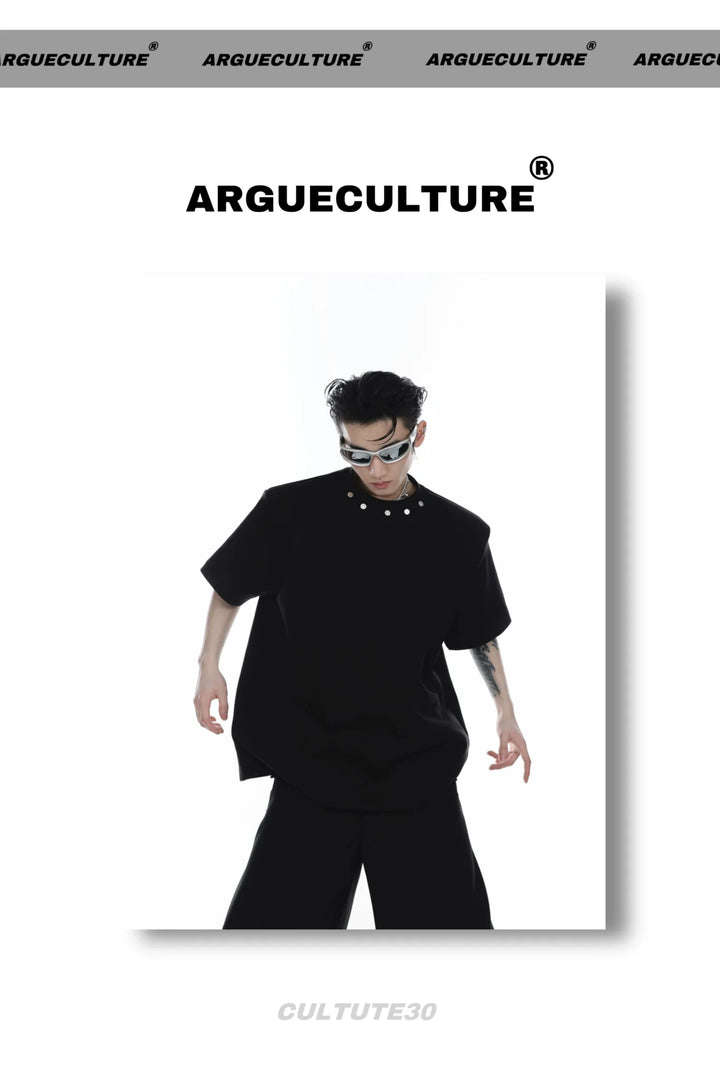 High End Loose Short - Sleeve T - Shirt with Metal Button & Shoulder Pads - ArguE CulturE