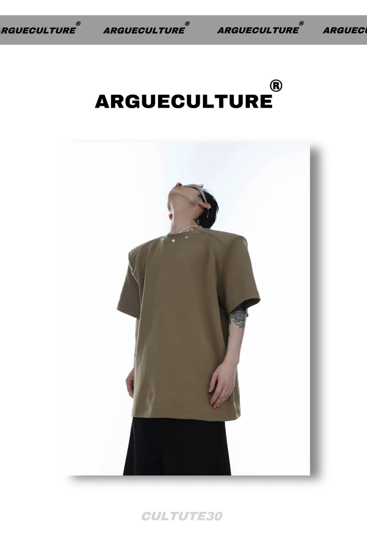 High End Loose Short - Sleeve T - Shirt with Metal Button & Shoulder Pads - ArguE CulturE