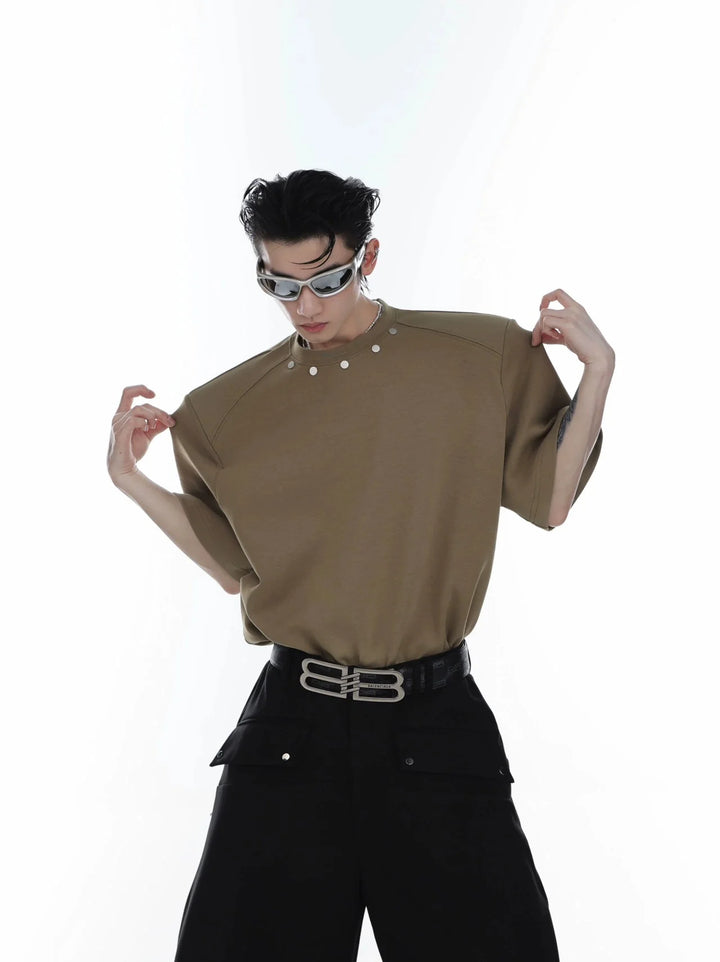 High End Loose Short - Sleeve T - Shirt with Metal Button & Shoulder Pads - ArguE CulturE