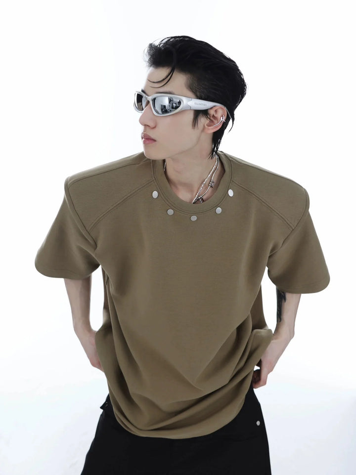 High End Loose Short - Sleeve T - Shirt with Metal Button & Shoulder Pads - ArguE CulturE