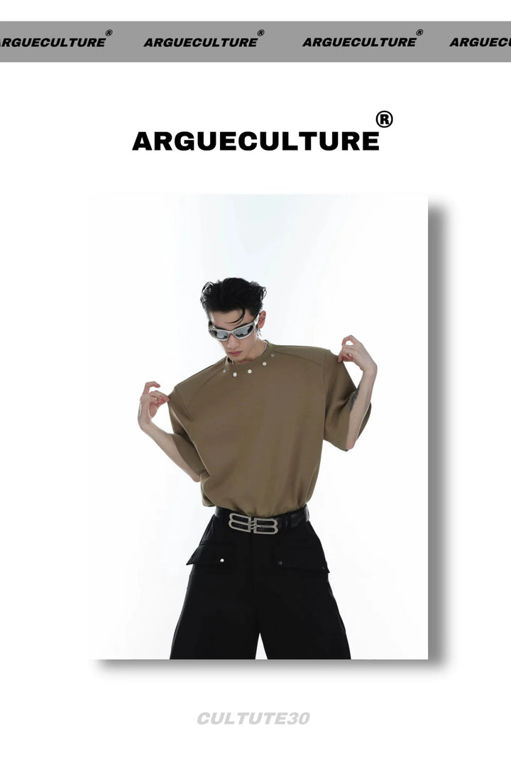 High End Loose Short - Sleeve T - Shirt with Metal Button & Shoulder Pads - ArguE CulturE