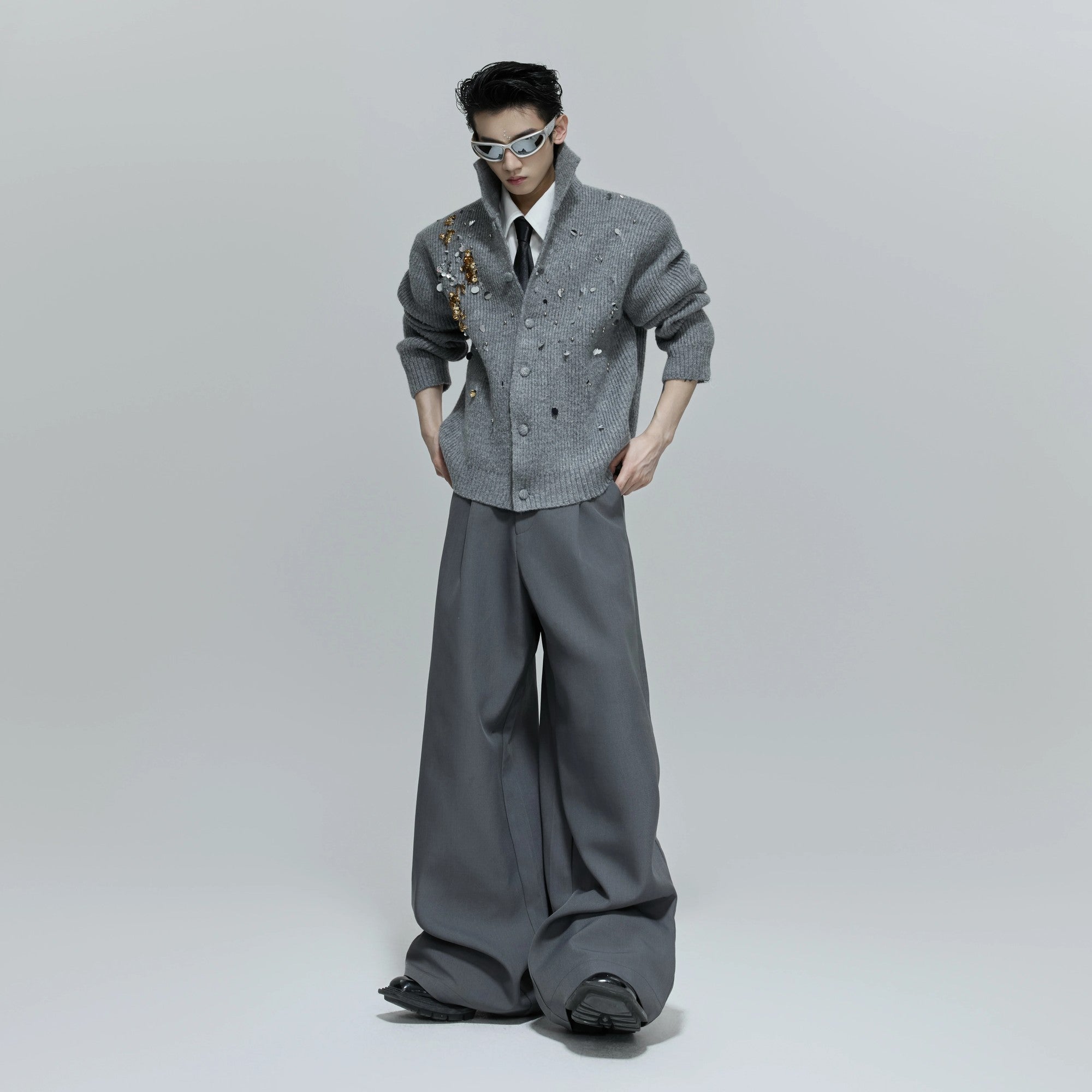 Styled look featuring the sequin wool knitwear for a unisex aesthetic