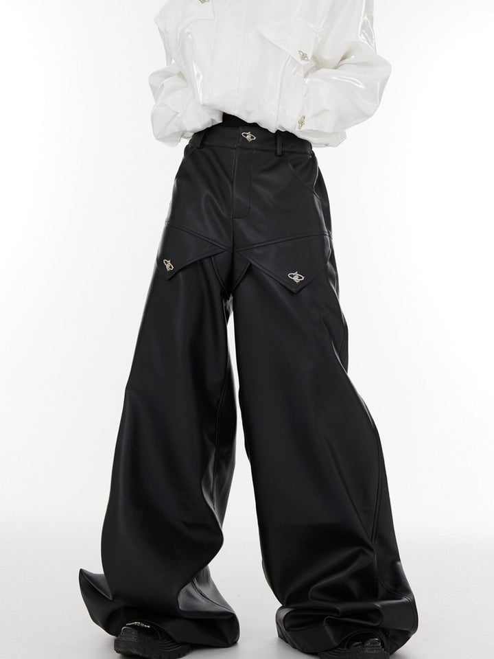 High - Waist Wide - Leg Leather Pants | Patchwork Metal Button Detailing - ArguE CulturE