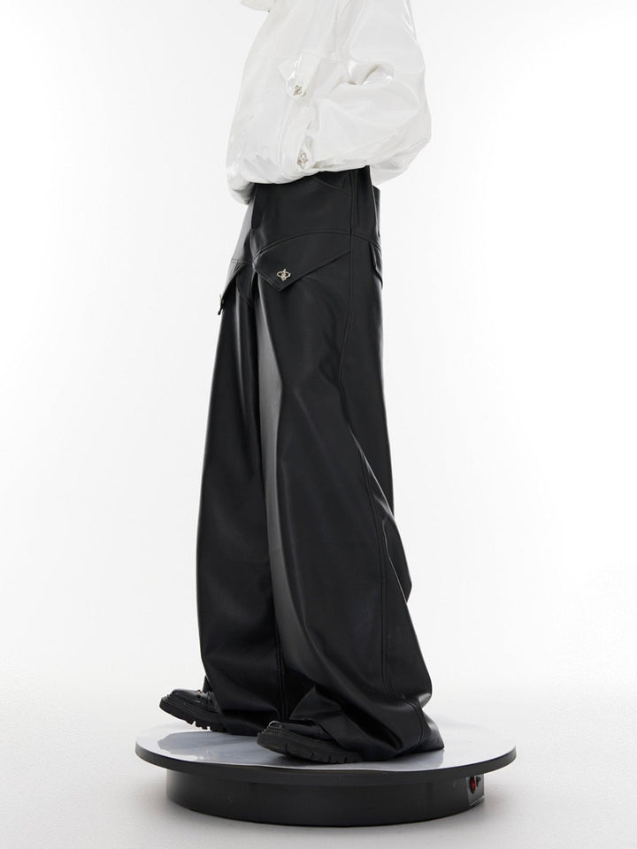 High - Waist Wide - Leg Leather Pants | Patchwork Metal Button Detailing - ArguE CulturE