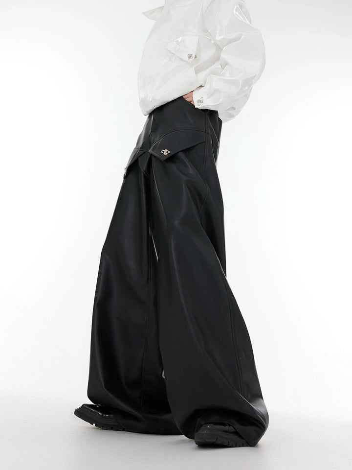 High - Waist Wide - Leg Leather Pants | Patchwork Metal Button Detailing - ArguE CulturE