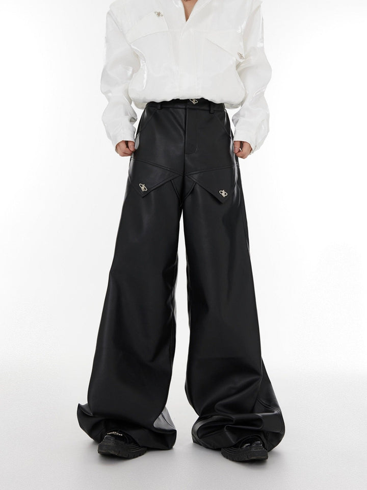 High - Waist Wide - Leg Leather Pants | Patchwork Metal Button Detailing - ArguE CulturE