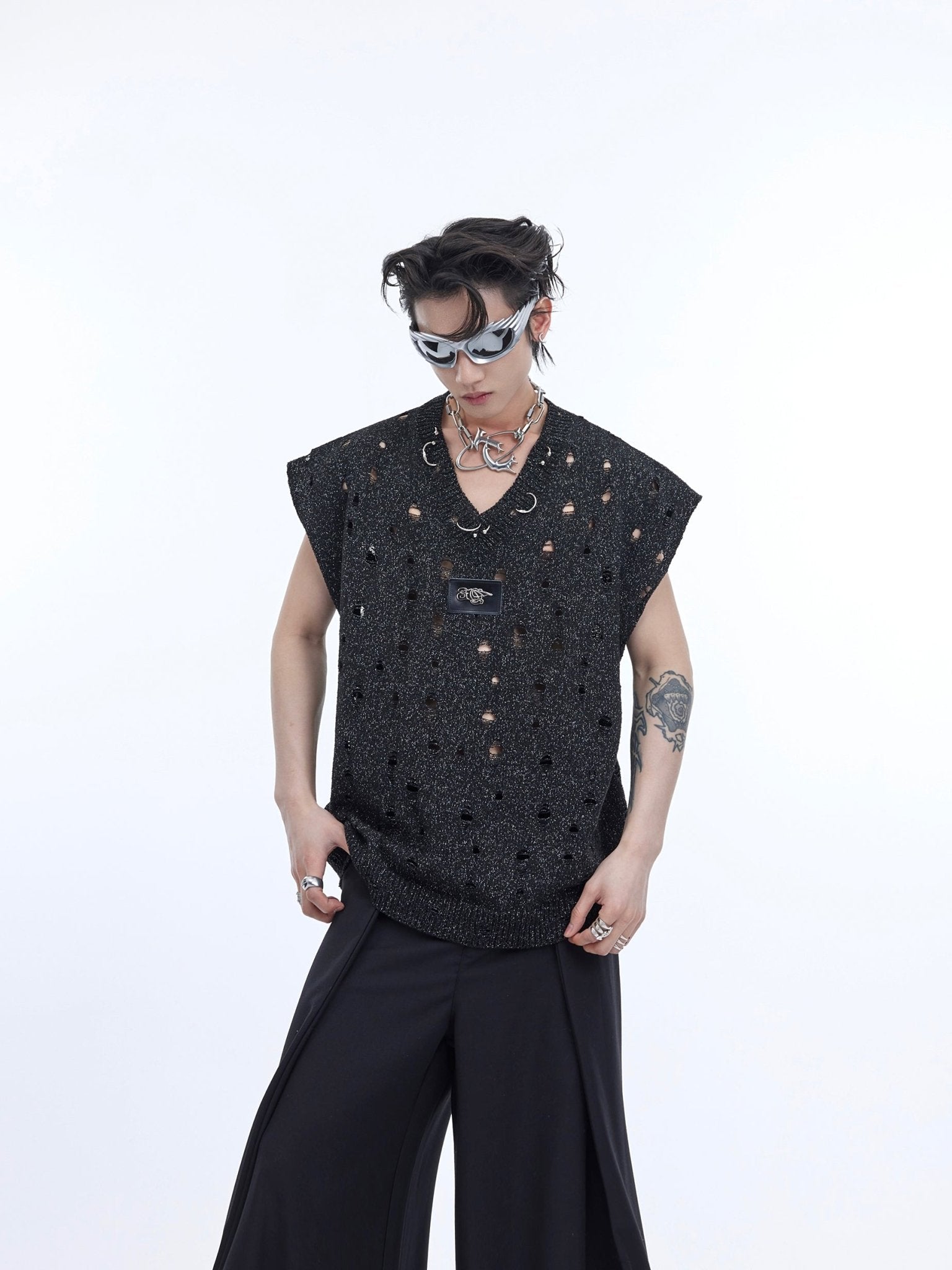 Hip - Hop Sequin Distressed Ripped Knit Tank Top with Asymmetrical - ArguE CulturE