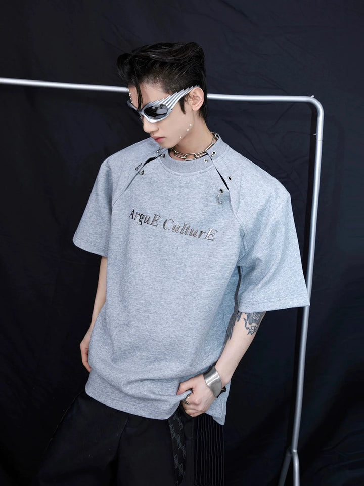 Hollow - Out Split Design Short Sleeve Men's Metal Print Minimalist T - Shirt - ArguE CulturE