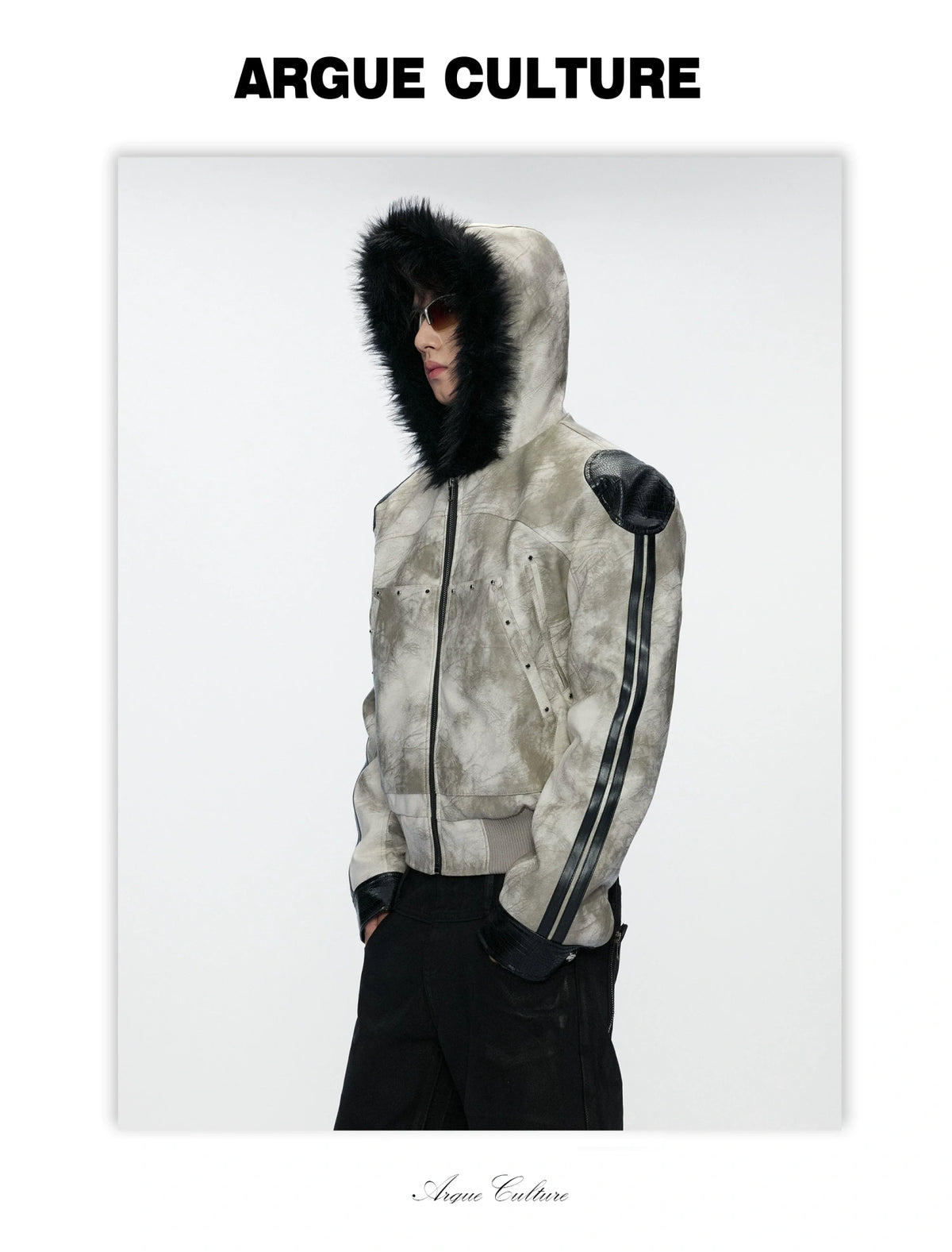 Hooded Faux Leather Jacket with Snake-Print Panels - detail image 7