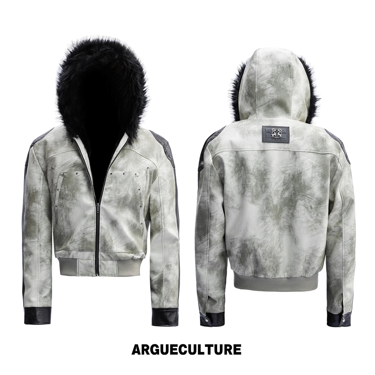 Hooded Faux Leather Jacket with Snake-Print Panels - Off-White