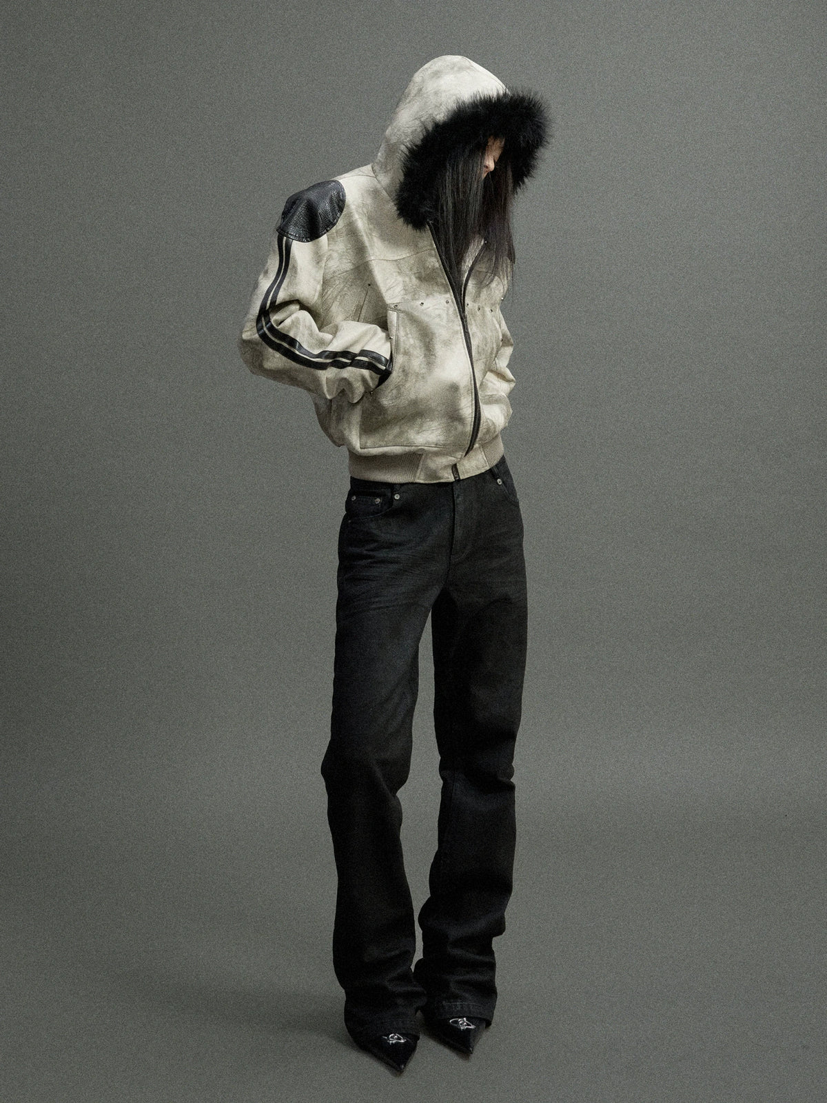 Hooded Faux Leather Jacket with Snake-Print Panels - main image 2