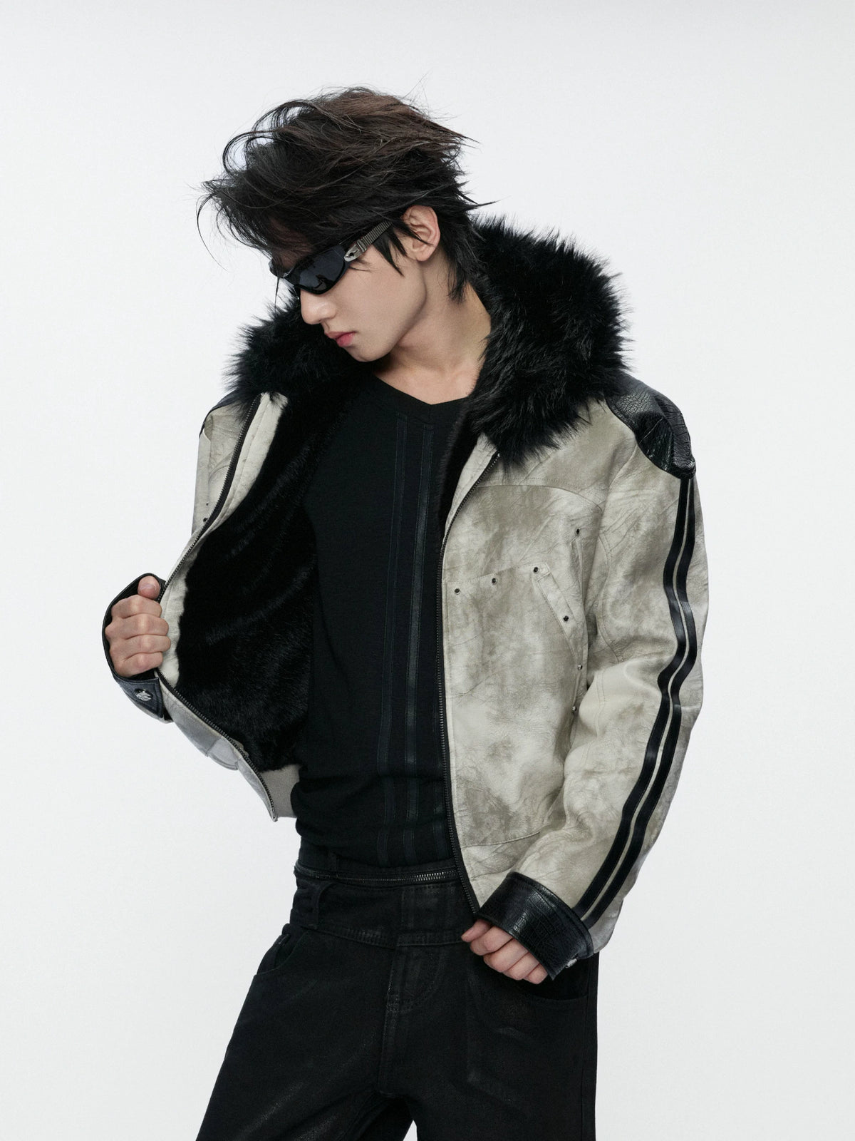 Hooded Faux Leather Jacket with Snake-Print Panels - main image 4