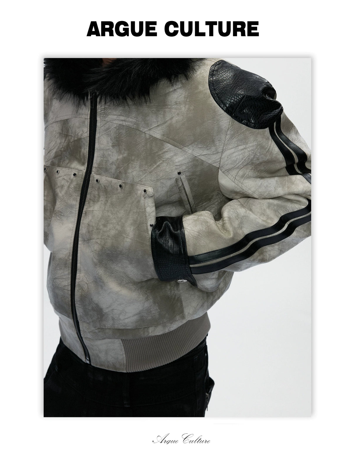 Hooded Faux Leather Jacket with Snake-Print Panels - detail image 5