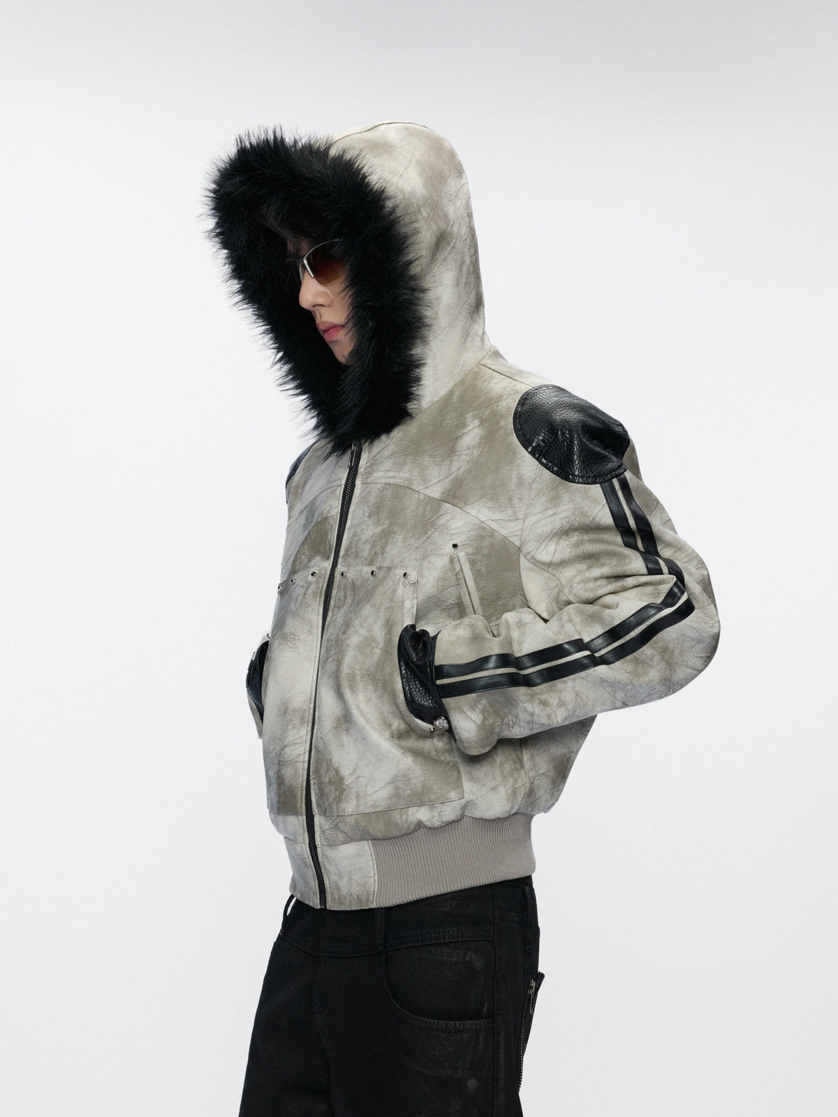 Hooded Faux Leather Jacket with Snake-Print Panels - main image 1