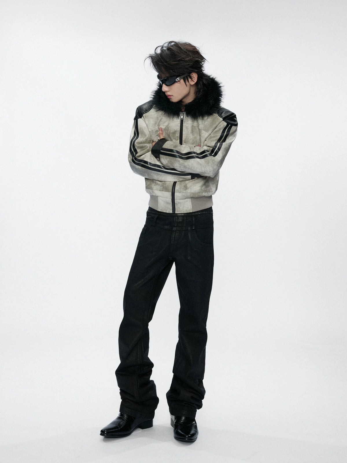 Hooded Faux Leather Jacket with Snake-Print Panels - main image 5