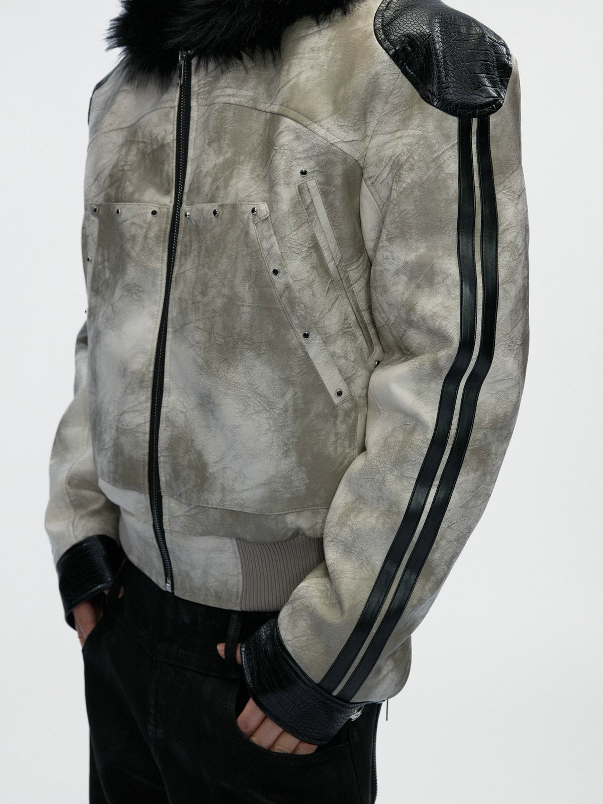 Hooded Faux Leather Jacket with Snake-Print Panels - main image 3
