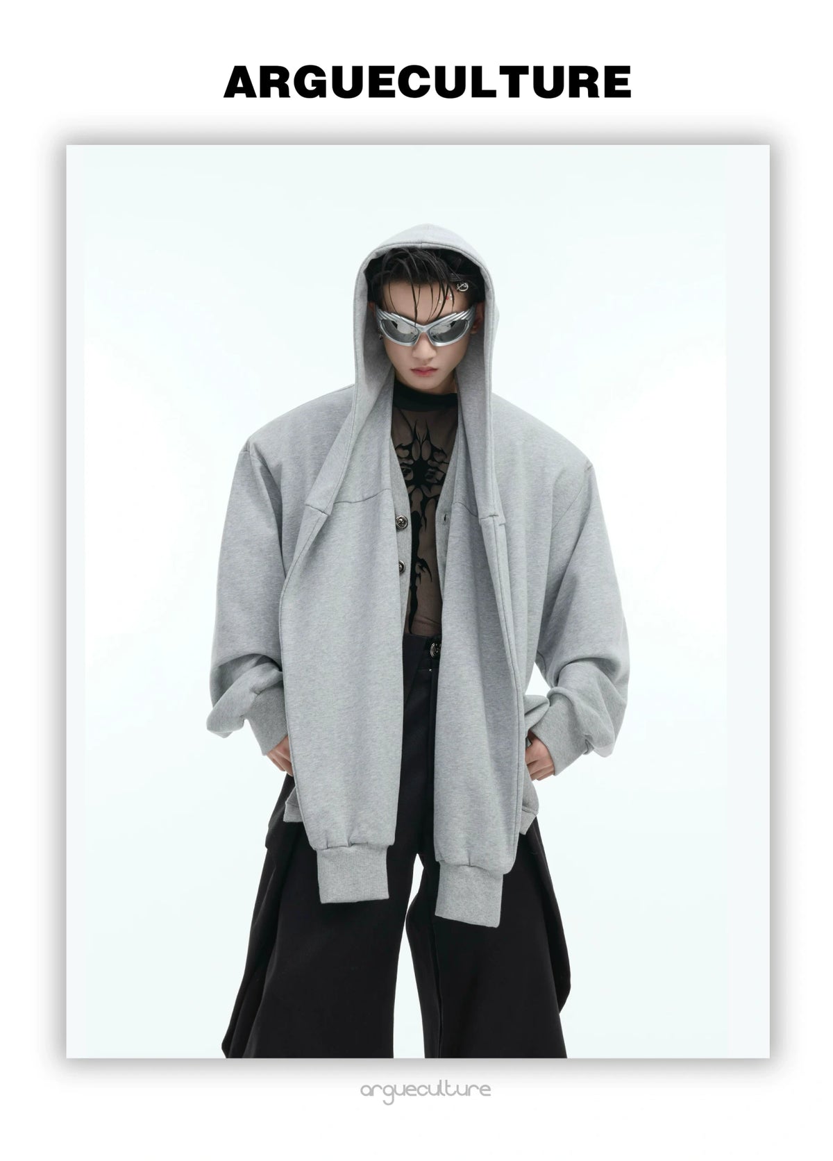 Hooded Layered Cardigan with Shoulder Pads | Unisex - detail image 9