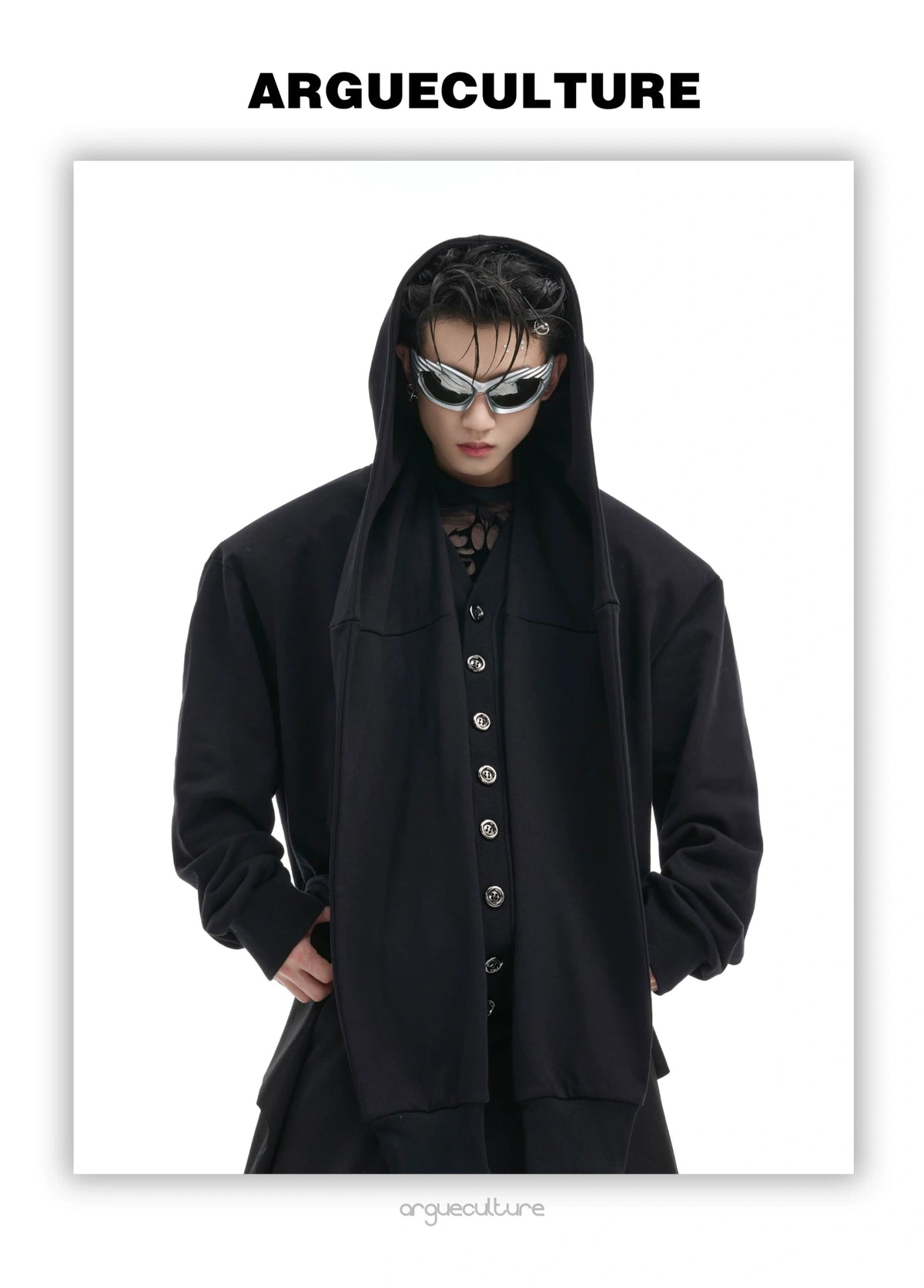 Hooded Layered Cardigan with Shoulder Pads | Unisex - detail image 3