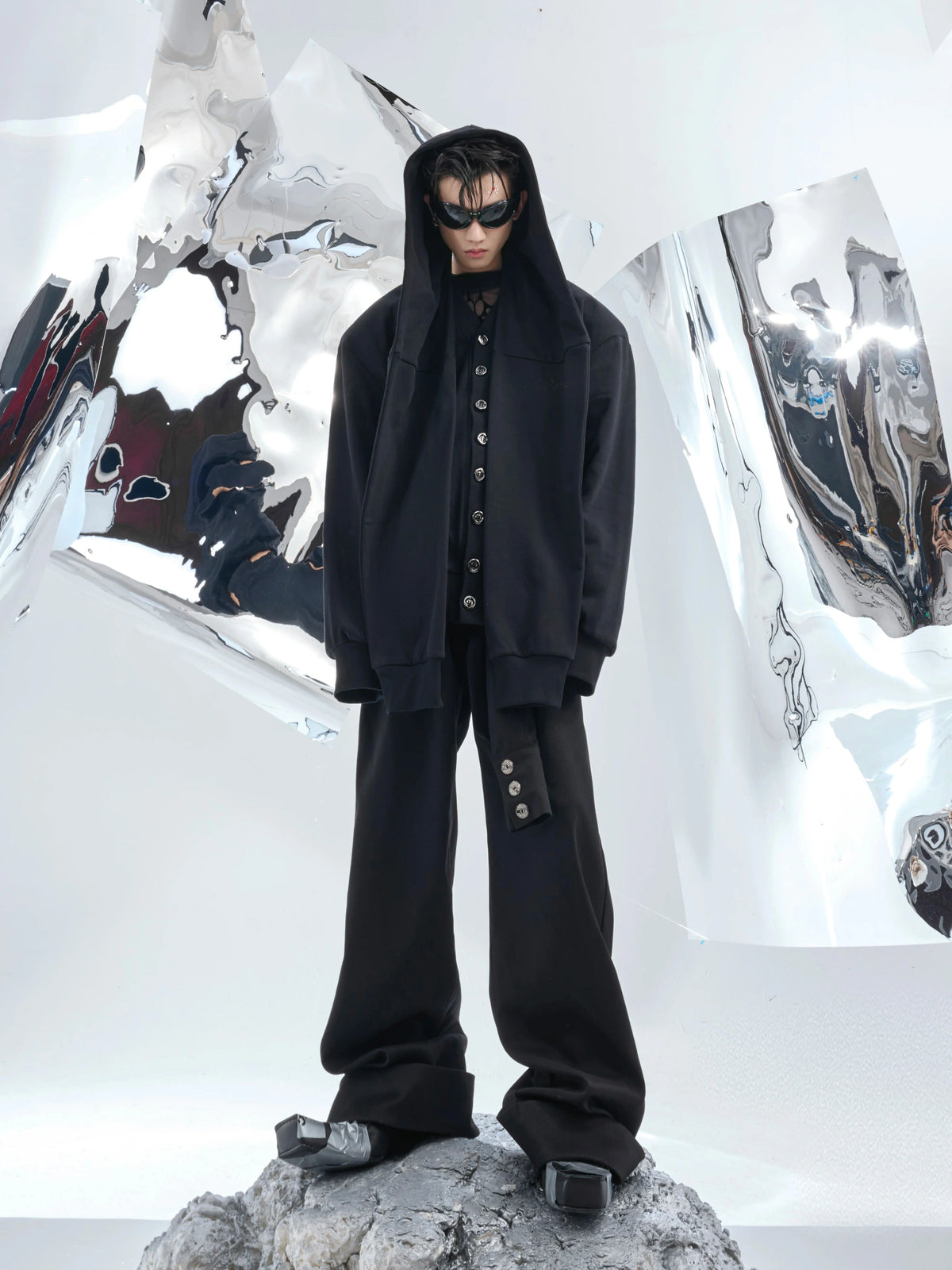 Hooded Layered Cardigan with Shoulder Pads | Unisex - main image 5