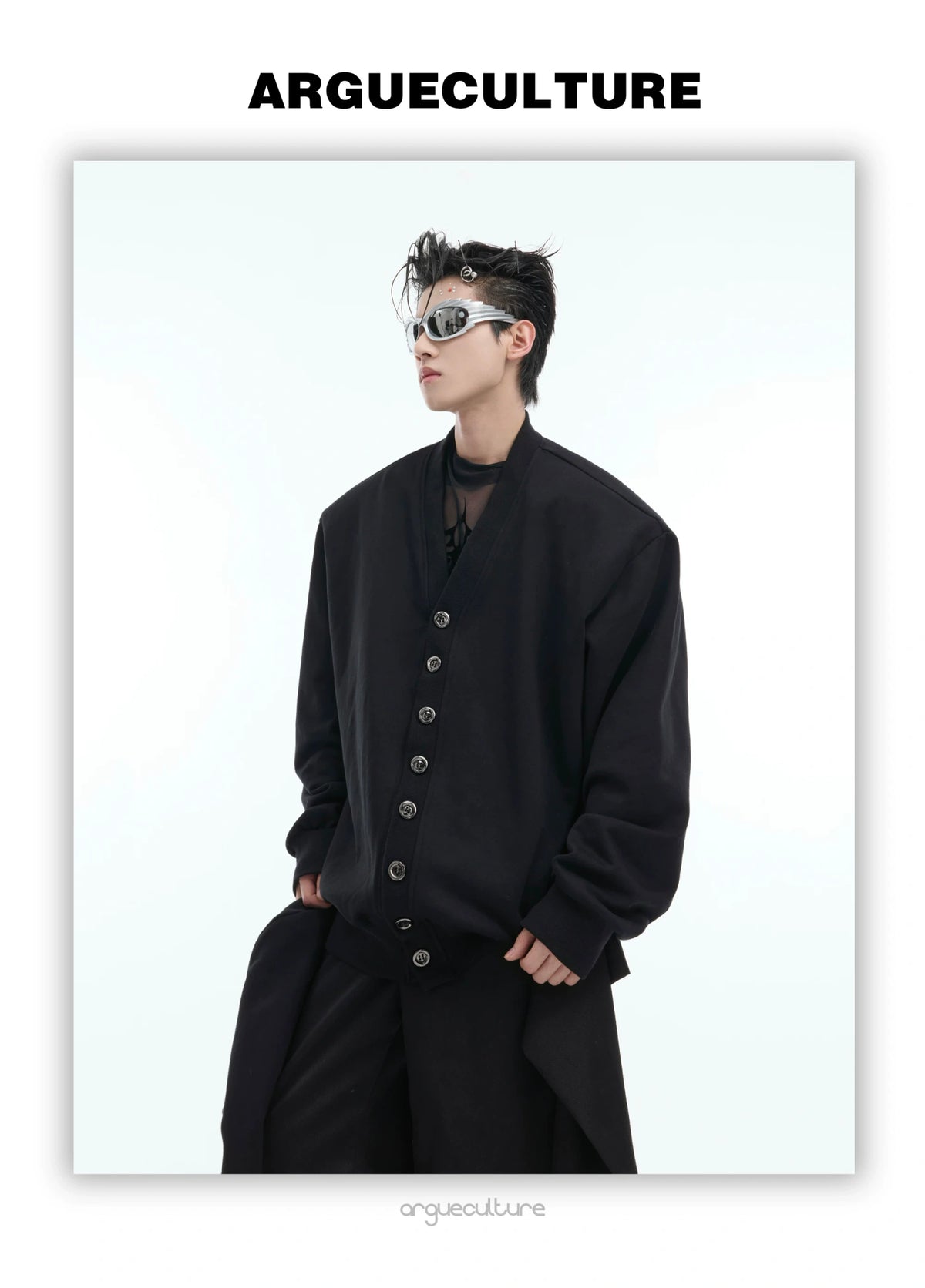 Hooded Layered Cardigan with Shoulder Pads | Unisex - detail image 2