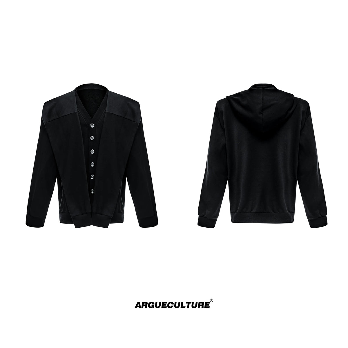 Hooded Layered Cardigan with Shoulder Pads | Unisex - Black