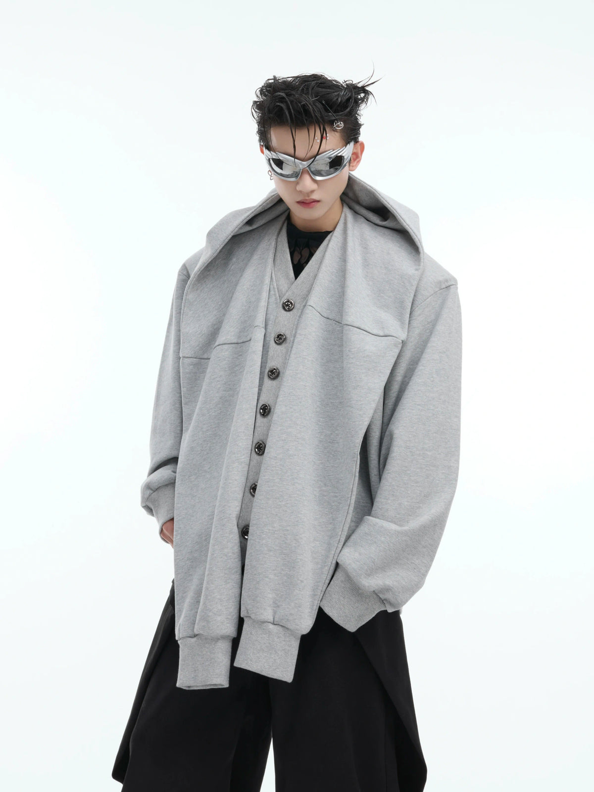 Hooded Layered Cardigan with Shoulder Pads | Unisex - main image 4