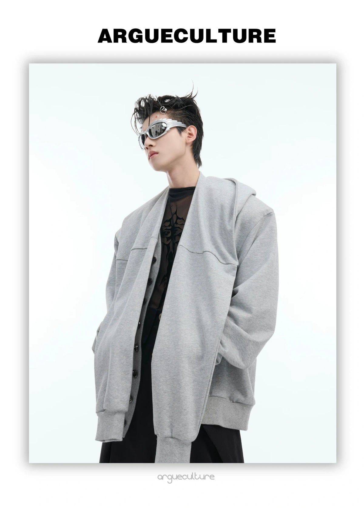 Hooded Layered Cardigan with Shoulder Pads | Unisex - detail image 8