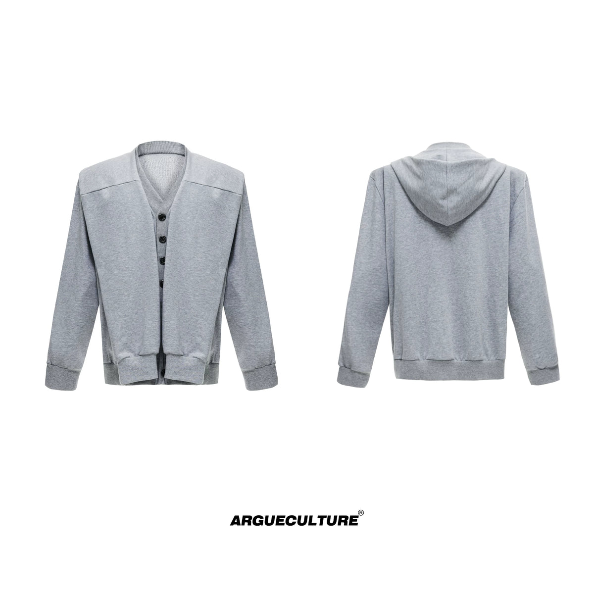 Hooded Layered Cardigan with Shoulder Pads | Unisex - Gray