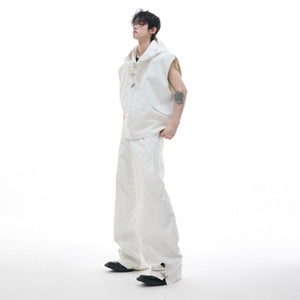 Black techwear hooded sleeveless vest and matching pants set front view