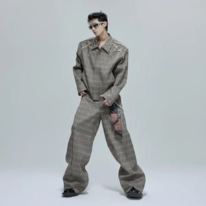 Unisex houndstooth cropped jacket and trousers set in brown