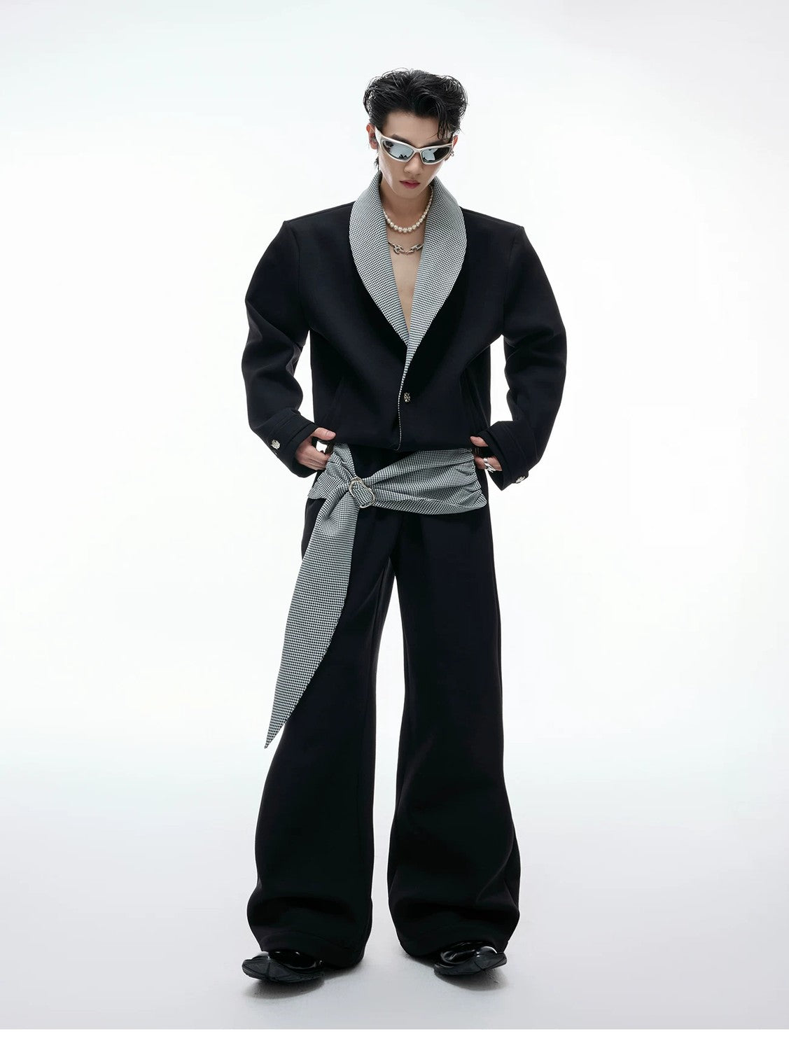 desc::houndstooth-v-neck-streetwear-jacket-drape-pants-set-detail-img-4